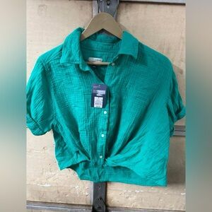A New Day Button Up Knotted Shirt Top - Green - Small NWT